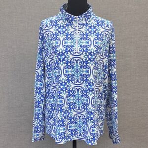 IBKUL Womens XXL Blue White Tile Print UPF 50+ Quarter Zip Mock Neck Top
